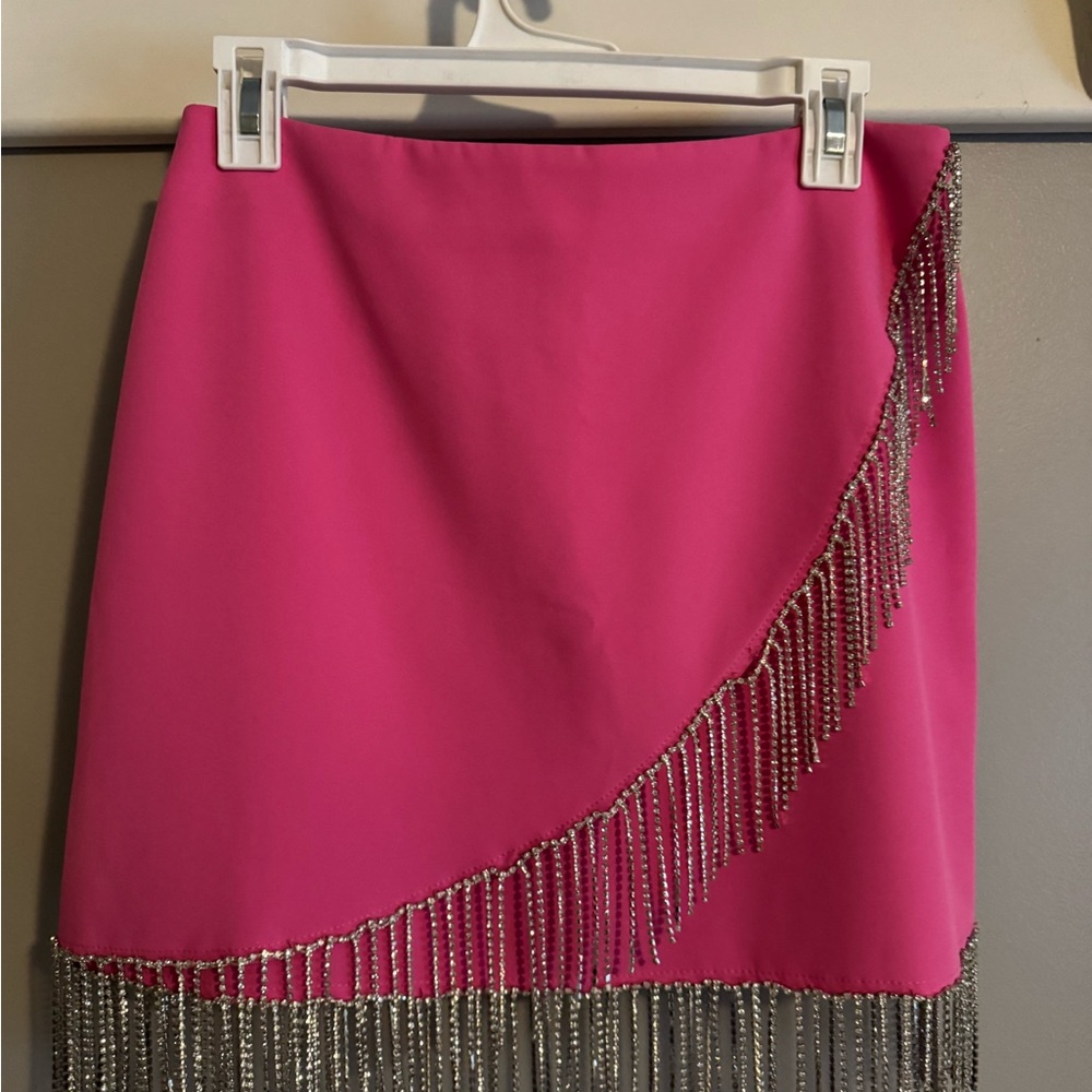 Vibrant Pink Mini Skirt with Silver Fringe